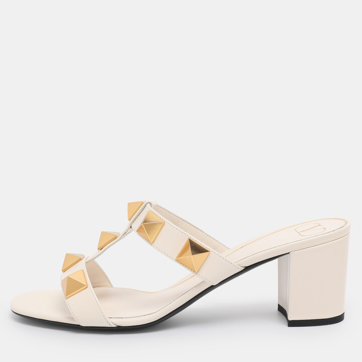 Valentino Cream Leather Roman Stud Block Heel Slides Sandals Size 41