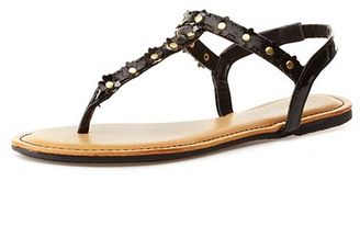 Bamboo Flower-Studded T-Strap Thong Sandals