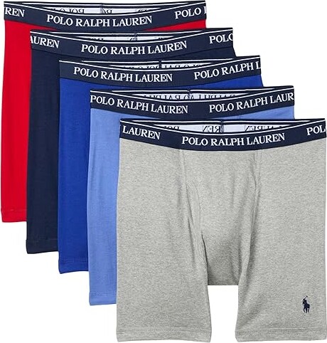 Polo Ralph Lauren 5 Pack Classic Fit Cotton Boxer Briefs Men's Underwear Andover Heather/Aerial Blue/Rugby Royal RL2000 Red/Cruise Navy : SM