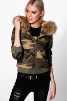 Thumbnail for your product : boohoo Erin Camo Bomber Faux Fur Hood