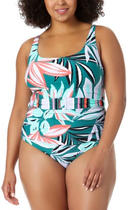 Anne Cole Plus Size Zesty Tropical Belted Scoop-Neck One-Piece Swimsuit Women's Swimsuit
