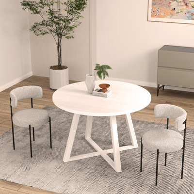 Latitude Run Durban 3-Piece Round Dining Set Trestle Dining Table with 2 Boucle Chairs