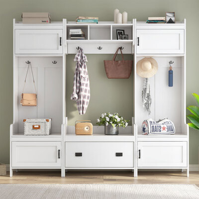 Taneiqua Hall Tree 78.7'' Wide with Bench 4-in-1 hall tree a hanging entrance shelf, a storage rack, 7 hangers and 4 lockers