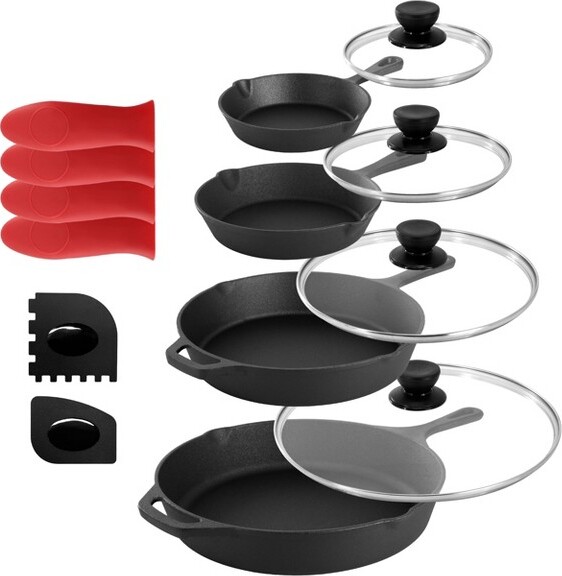 Mega Chef MegaChef14PieceCastIronSkilletSetwithTemperedGlassLidsandSiliconeHolders