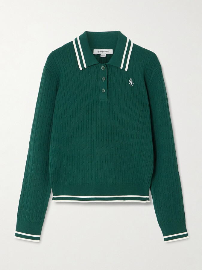 Sporty & Rich Embroidered Striped Cable-knit Polo Shirt - Green
