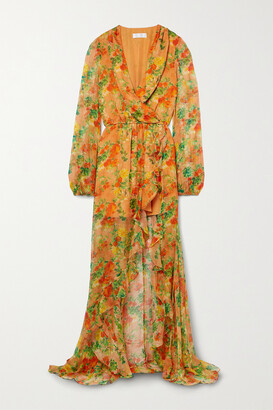 Caroline Constas Vivian Asymmetric Wrap-effect Ruffled Floral-print  Silk-chiffon Maxi Dress - Yellow - ShopStyle