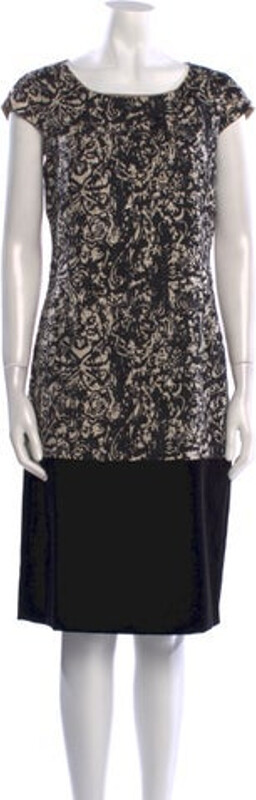 Max Mara Silk Shift Dress Black Printed Short Sleeve with Scoop Neck Concealed Zip Closure at Back Designer