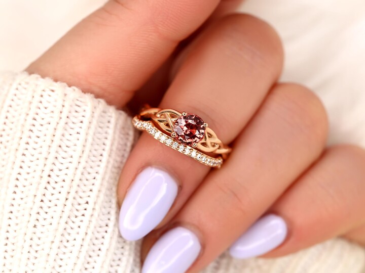 Etsy 1.34Ct Cassidy 14Kt Rose Gold Cinnamon Fire Sapphire Diamond Round Celtic Bridal Set Unique Engagement Ring Sapphire Wedding Ring