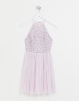 Thumbnail for your product : Maya Petite Bridesmaid halter neck mini tulle dress with tonal delicate sequins in soft lilac