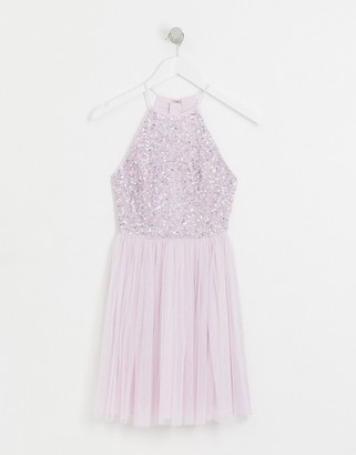 Maya Petite Bridesmaid halter neck mini tulle dress with tonal delicate sequins in soft lilac