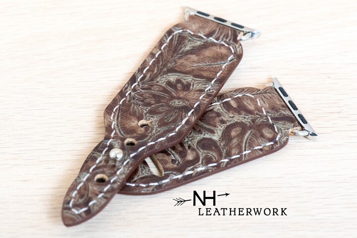 Leather Watch Band Strap, Brown Sunflower Floral Embossed For Apple 38mm 40mm 41mm 42mm 44mm 45mm 46mm 49mm, Samsung Galaxy Ultra 47 8