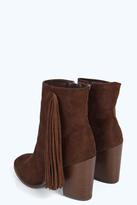 Thumbnail for your product : boohoo Isabelle Tassel Trim Black Heel Boot