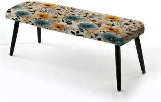 Design Art Retro Blue And Beige Floral Gardens - Vintage Upholstered Black Bench