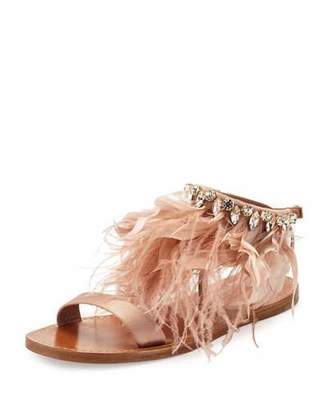 Miu Miu Feather-Ankle Flat Sandal, Neutral