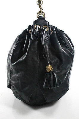 Luella Black Leather Gold Accent Large Drawstring Shoulder Handbag