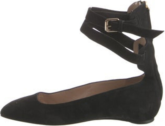 Valentino Suede Ballet Flats Black Semi-Pointed Toes with Cutout Accent Platform Wrap-Around Straps & Buckle Closure at Ankles Designer