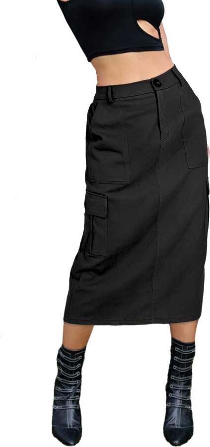 LOLOCCI Women's Skirts Cargo Midi Skirt Elegant Long Fall Skirts for ...