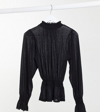 ASOS Tall ASOS DESIGN Tall mesh long sleeve shirred top with high neck in black