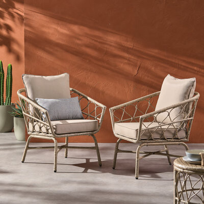 Bayou Breeze Accent Outdoor Club Chairs with Woven Design and Comfortable Cushions for Patio and Garden Seating, Ideal for Relaxation and Entertaining, Beige (Set