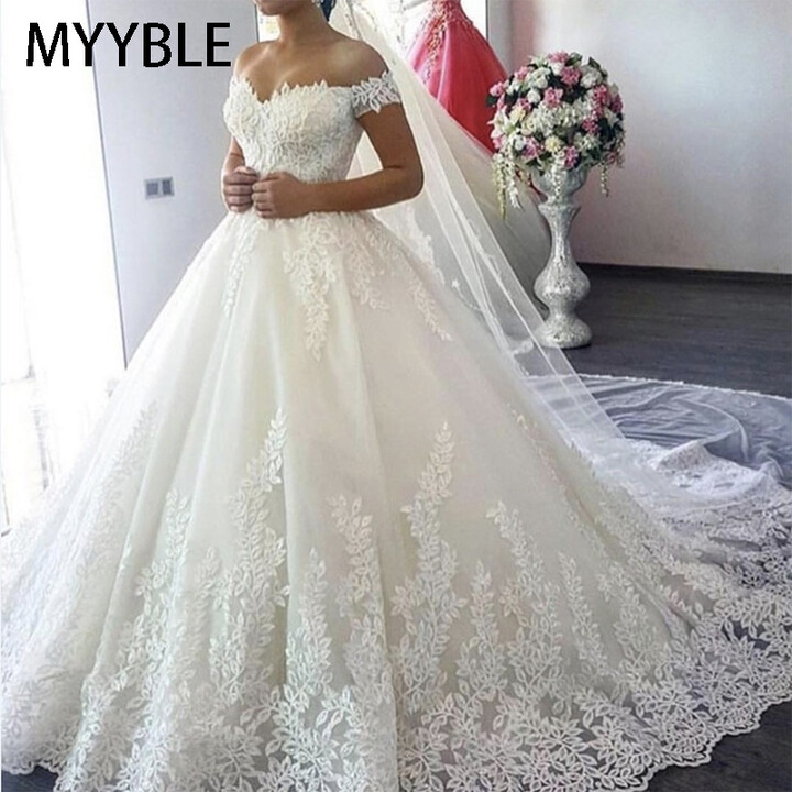 MYYBLE Customized White Off the Shoulder Plus Size Vestido De Noiva Wedding Dress Train Custom Made Plus Size Bridal Tulle Mariage