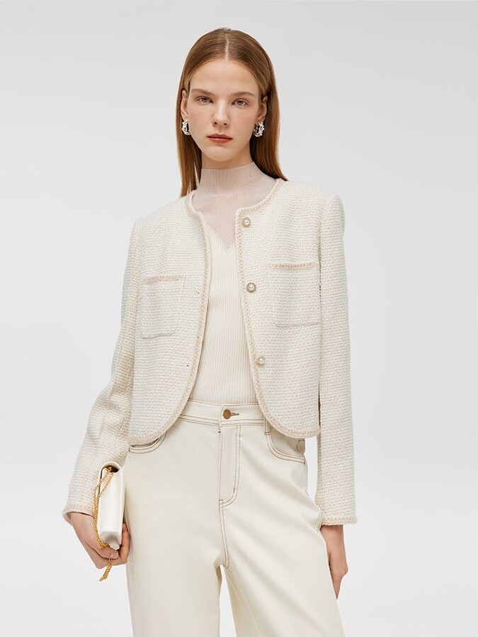 GOELIA Tweed Boxy Women Crop Jacket - Ivory / XS