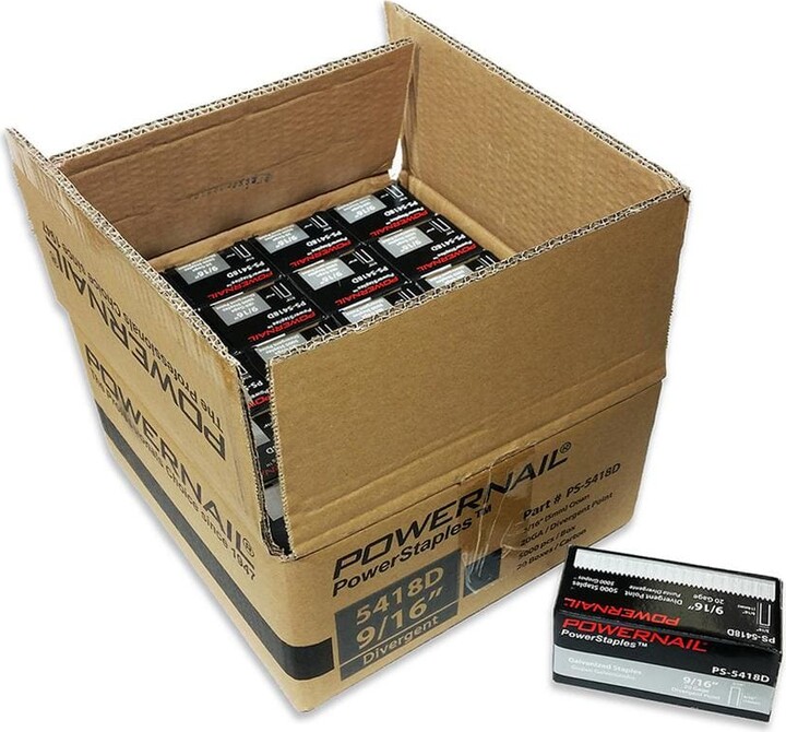 POWERNAIL 5400 Series 3/16 in. Crown, 9/16 in. Leg, 20-GA Fine Wire Glue Collated Staples for Carpet & Upholstery, Case of 100,000