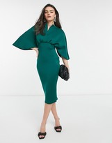 Thumbnail for your product : ASOS DESIGN structured cape pencil wrap midi dress in forest green