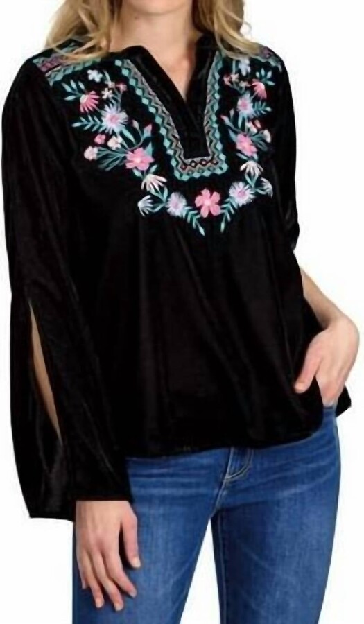 Floral Embroidered Velvet Long Sleeve Blouse In Black