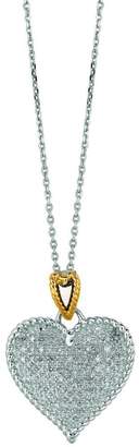 Diamond Sphere 14 Karat Yellow Gold and Silver With Rhodium Finish 18" Shiny Oval Link Chain Necklace With Heart Pendant 0.32Ct White Diamond