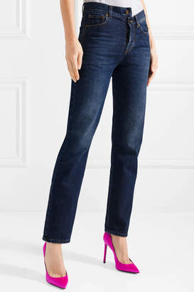 Saint Laurent Embroidered High-rise Slim-leg Jeans - Mid denim