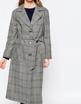 Helene Berman Button Down Belted Coat In Gray Green & Navy Check