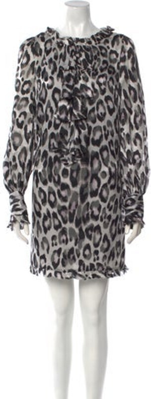Milly Silk Shift Dress Grey & Pink Animal Print Pleated & Ruffle Accents Long Sleeve with Crew Neck Designer
