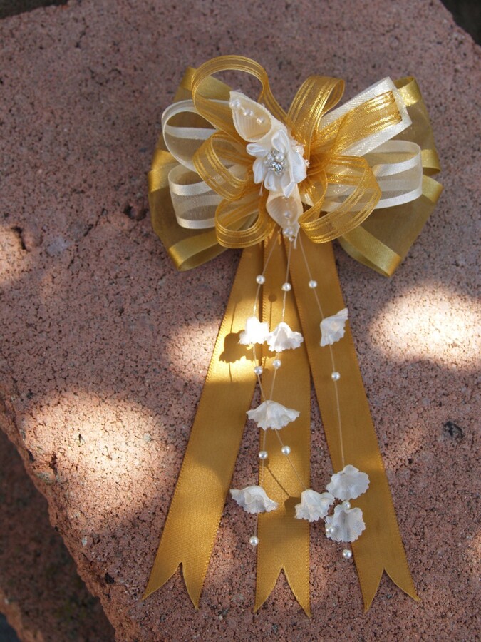 Etsy Girls Antique Gold Bow Organza, Pearls & Satin Ribbon #041 For Pony Tails W Metal Barrette, Hair Bow, Hair Bow, Pageant