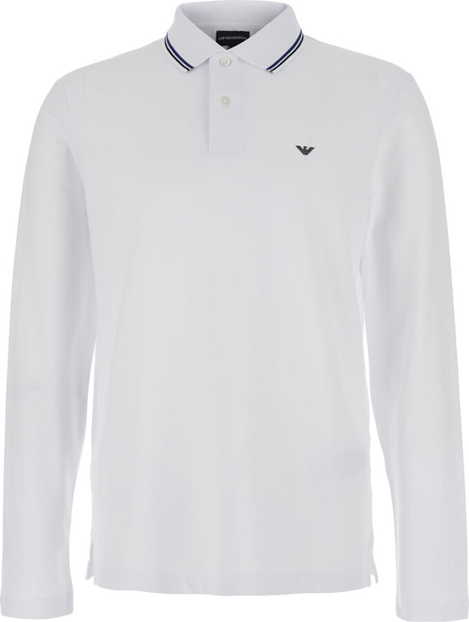 White Long Sleeve Polo Shirt With Logo Embroidery In Stretch Cotton Man
