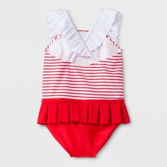 Sol Swim Toddler Girls' Striped One Piece Swimsuit with Ruffle - Red