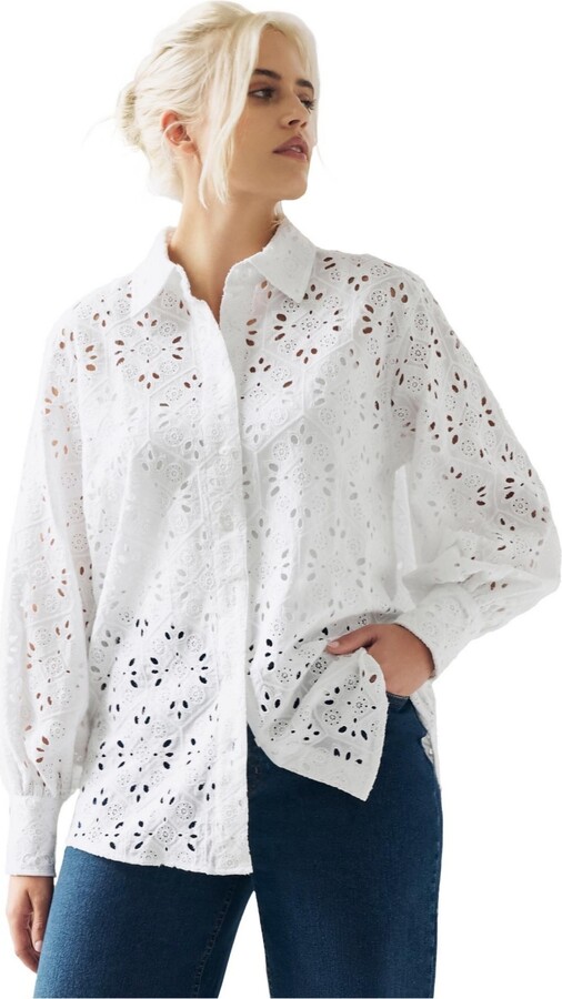 Ellos Plus Size Eyelet Button Front Shirt With Blouson Sleeves
