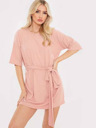 In The Style Brushed Rib Tie Waist T-Shirt Dress - Blush