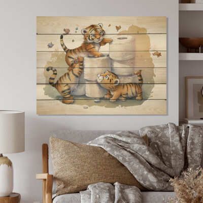 Langley Street™ Alvarez Ingvald Tigers Building A Tower Of Toilet Paper - Unframed Print on Wood