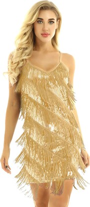 CHICTRY Women's Shiny Sequined Sleeveless 1920s Fringe Tassels Hem Flapper Mini Dress Dancewear Rose One Size