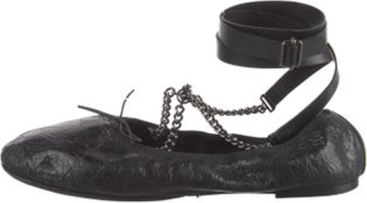 Valentino Leather Ballet Flats Black Rockstud Accents Bow & Chain-Link Accents Round-Toes Wrap-Around Straps & Buckle Closure at Ankles Designer