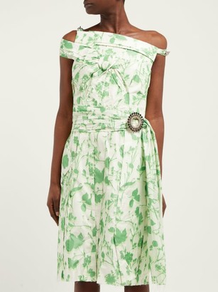 Calvin Klein Crystal-buckle Floral-print Taffeta Dress - Green White
