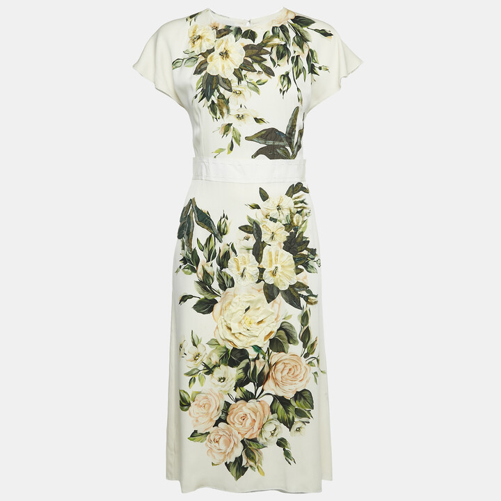 Dolce & Gabbana Cream Floral Print Silk Applique Detail Short Dress S