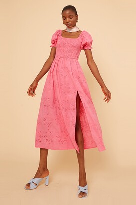 Little Mistress Pink Puff Sleeve Broderie Anglaise Midi Dress