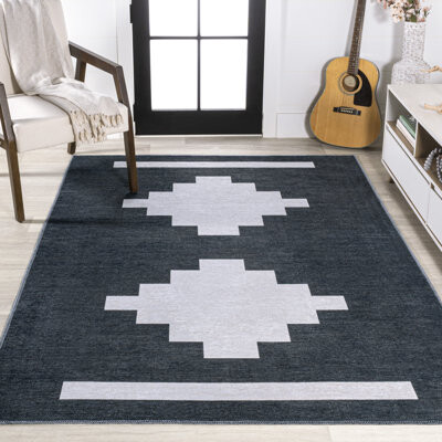 Union Rustic Linfert Geometric Medallion Machine-Washable Navy/Light Gray Rug