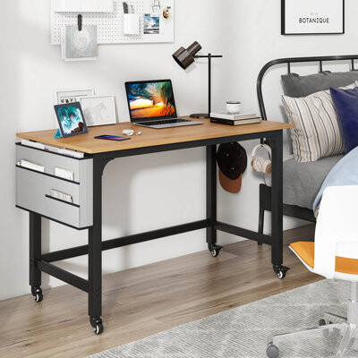 17 Stories 2 Pcs Rolling Computer Desk Metal Frame Pc Laptop Table Wood Top Study Workstation