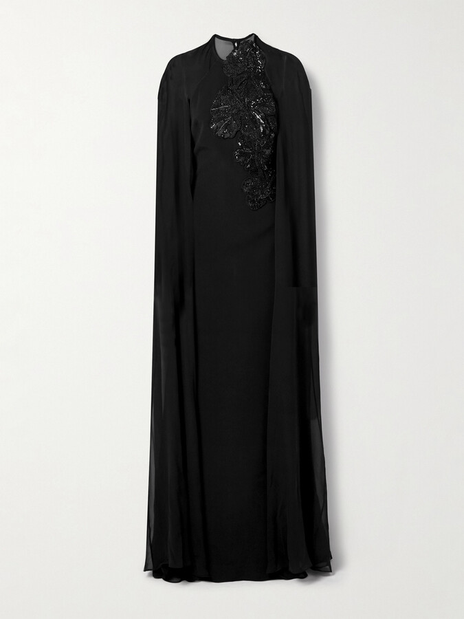 Elie Saab Cape-effect Embellished Silk-crepe And Silk-chiffon Gown - Black