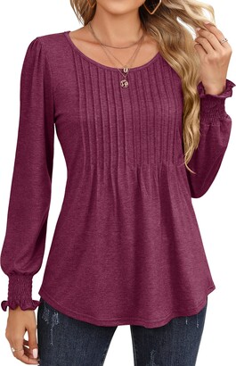 Rapbin Blouses for Women Puff Long Sleeve Tunic Tops Pleated Crew Neck  Casual Work T Shirts with Smocked Cuffs - ShopStyle