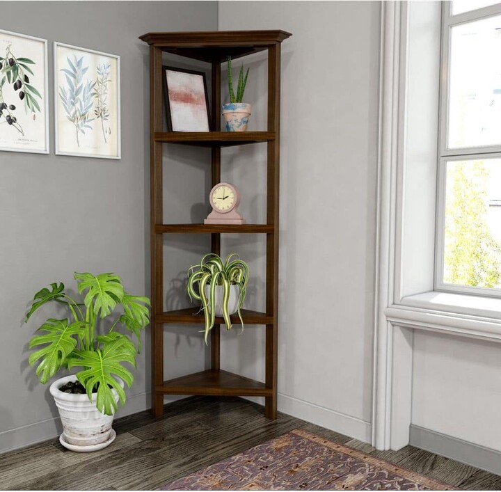New Ridge Home Goods Edenton 60 in. Walnut Wood 4-Shelf Corner Bookcase with Open Back