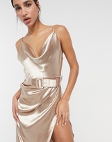 Thumbnail for your product : ASOS DESIGN cami satin midi dress with cowl neck and belt in soft Gold