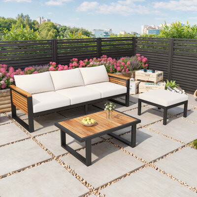 Ebern Designs Outdoor 3-piece Acacia Wood and Metal Patio Sofa Set